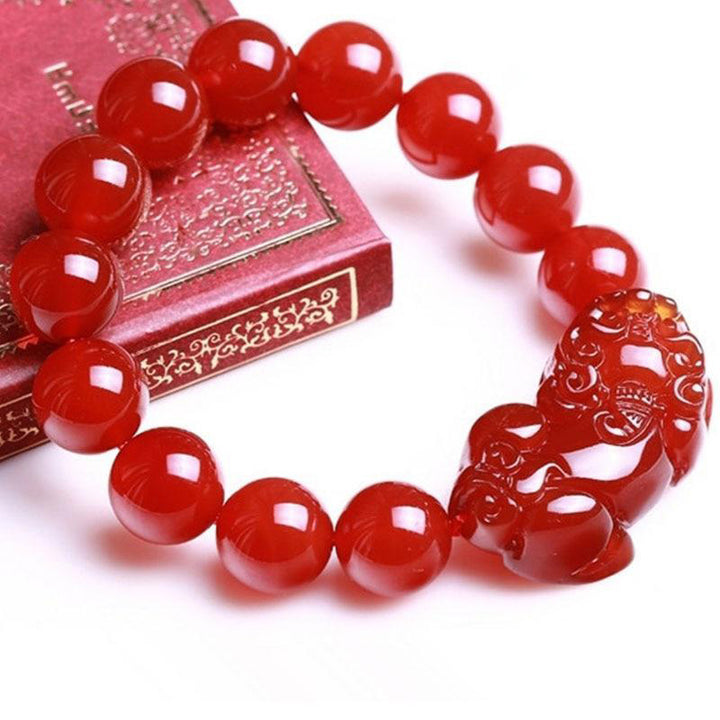 Pulsera de la suerte con Buddha Stones, ágata roja, Pixiu de la suerte