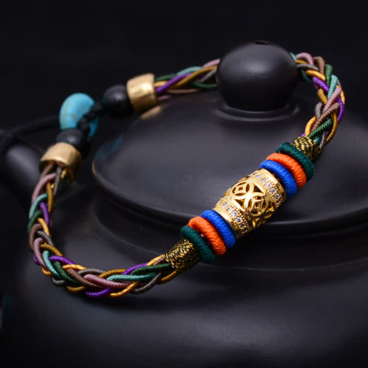 Pulsera de cuerda tejida con moneda de cobre, hecha a mano, con nudo de ocho hilos, Buddha Stones tibetanas - Moneda de cobre (circunferencia de la muñeca: 15-18 cm) - image 0