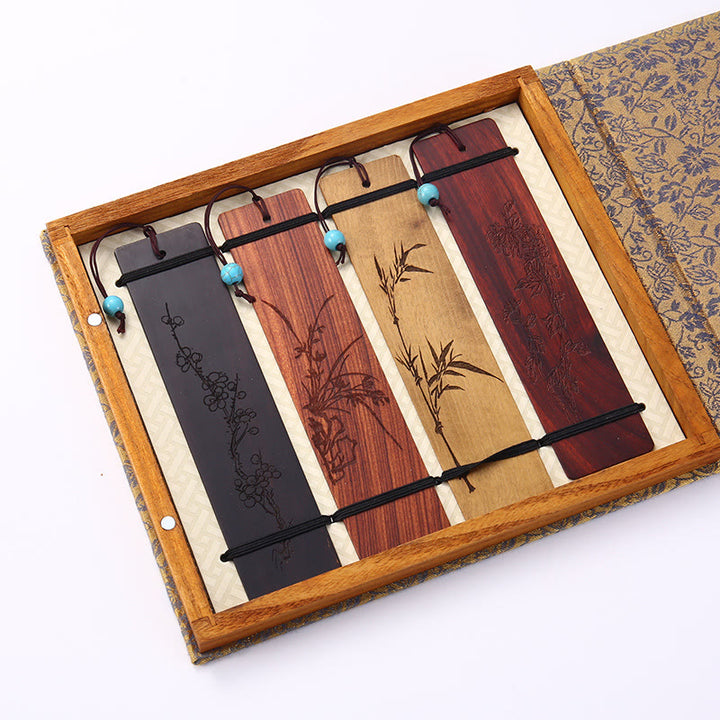 Buddha Stones, 4 Uds., cuatro estaciones, ciruela, orquídea, bambú, crisantemo, ópera de Pekín, marcapáginas de madera con caja de regalo