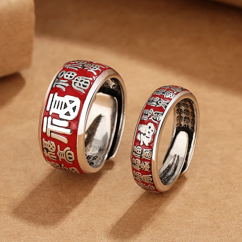 Anillo ajustable de cobre con diseño de personajes de Buddha Stones Fu Fortune Luck