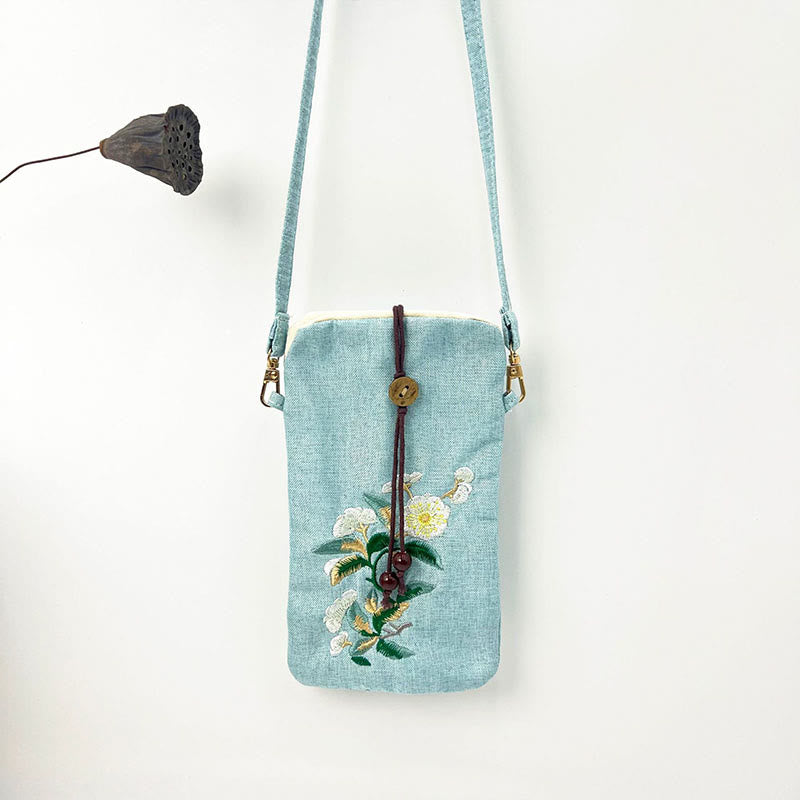 Buddha Stones, pequeñas flores bordadas, bolso de hombro, bolso para teléfono móvil, 11*20cm
