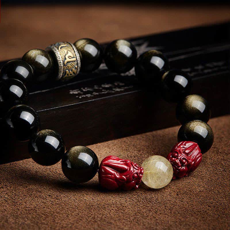Pulsera de protección Om Mani Padme Hum de cinabrio PiXiu de obsidiana con brillo dorado de Buddha Stones