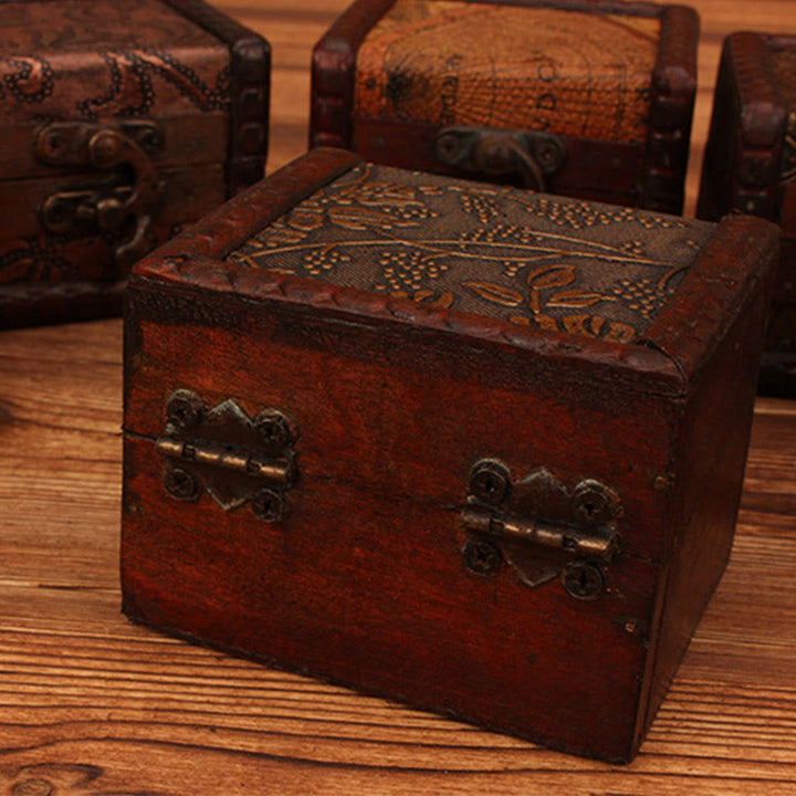 Caja de joyería de madera cuadrada pequeña Retro con Buddha Stones , flor de loto, uva, cobre, moneda, narciso, caja de almacenamiento de joyería
