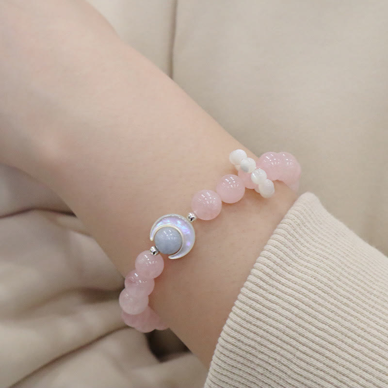 Pulsera de plata de ley 925 con Buddha Stones, amatista natural, aguamarina, cristal rosa, ojo de gato, luna creciente curativa