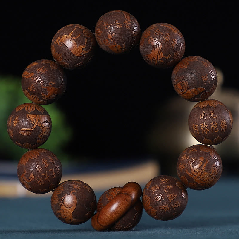 Buddha Stones Zodíaco chino Palisandro Sándalo verde Madera de ébano Moneda de cobre tallada Pulsera tranquila