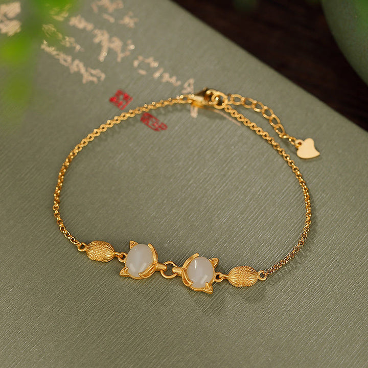 Buddha Stones Plata de Ley 925 Natural Hetian blanco Jade cian Jade encantadora pulsera de la suerte de zorro