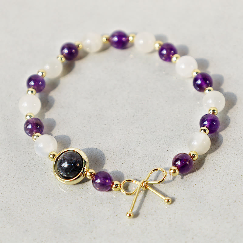 Pulsera de cuentas espirituales de cuarzo rutilado negro con ojo de gato y amatista - Amatista y ojo de gato - image 1
