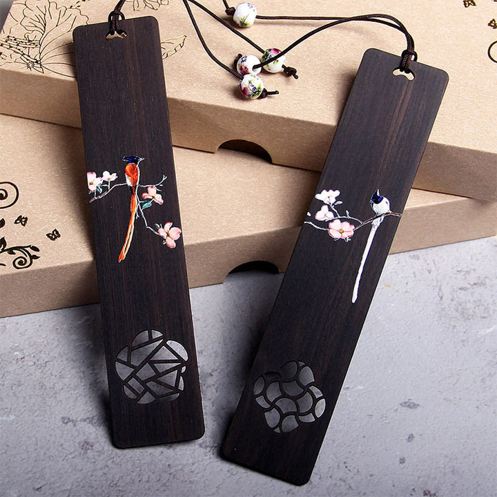 Marcapáginas de madera de ébano con diseño de flor de pájaro Oriole de Buddha Stones con caja de regalo