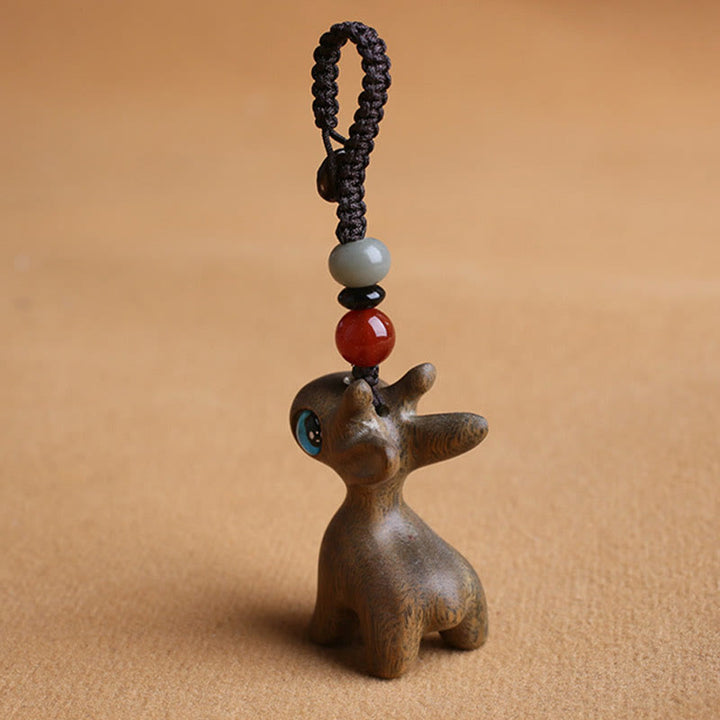 Buddha Stones Sándalo Hoja pequeña Sándalo rojo Madera de ébano Sándalo verde Mini ciervo de la suerte Tallado Protección Llavero Teléfono Colgante Decoración