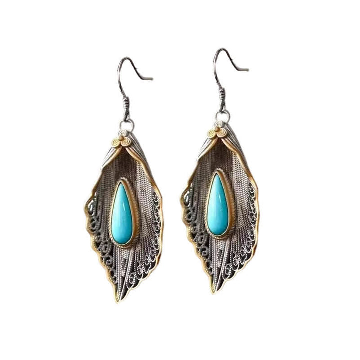 Pendientes colgantes de plata de ley 925 con diseño de hoja de Bodhi turquesa