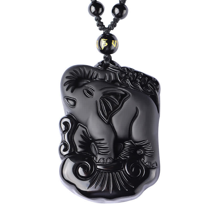 Llavero con colgante de collar de cadena de protección de elefante de obsidiana negra