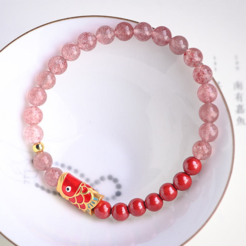 Pulsera curativa de peces Koi de la suerte, cinabrio, cuarzo fresa Natural, Buddha Stones