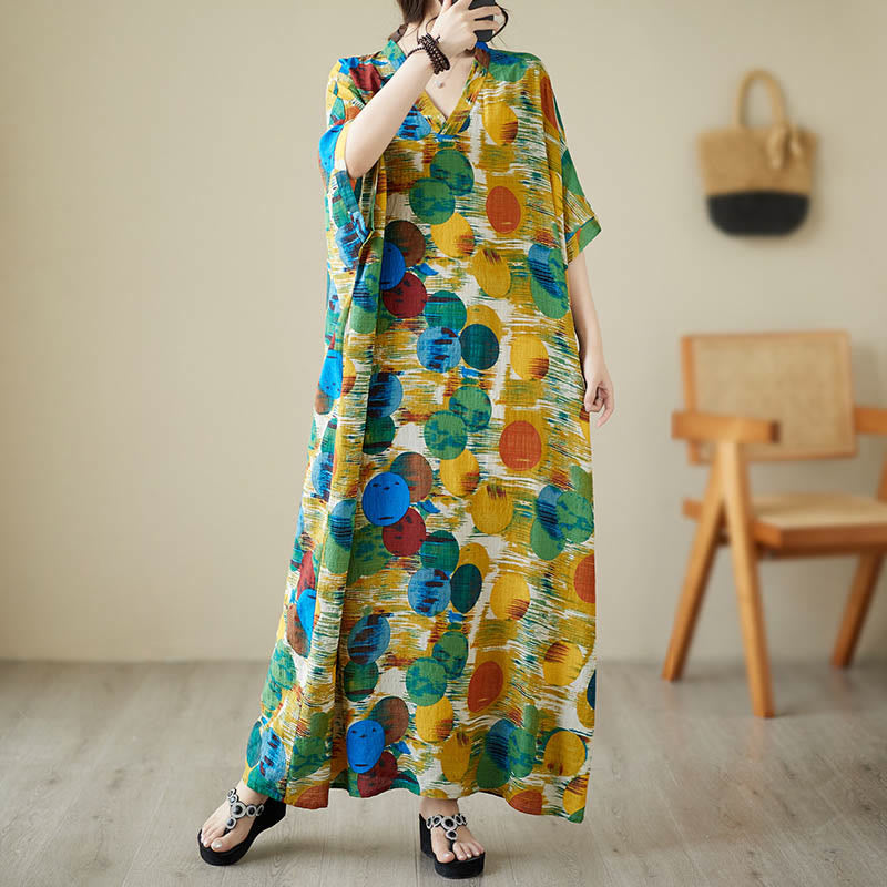 Vestido midi de lunares de colores azul naranja y piedras de Buddha Stones Vestido de media manga de algodón con bolsillos