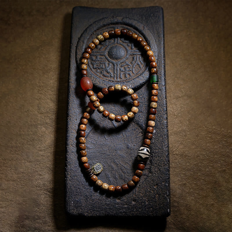 Buddha Stones tibetano Bodhi semilla ámbar Dzi cuentas ágata Zakiram diosa de la riqueza cuentas Triple envoltura pulsera