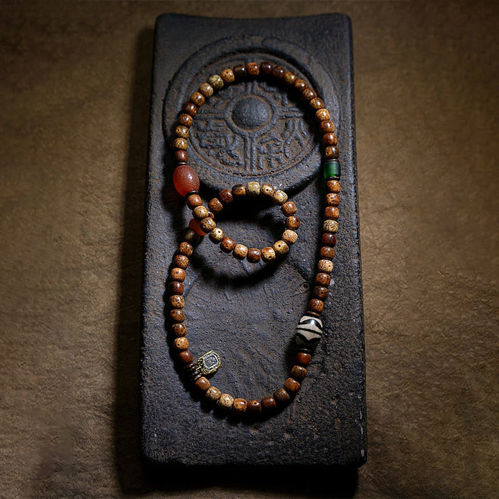 Buddha Stones tibetano Bodhi semilla ámbar Dzi cuentas ágata Zakiram diosa de la riqueza cuentas Triple envoltura pulsera