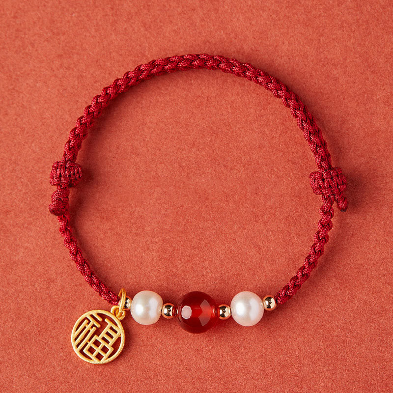 Pulsera trenzada de hilo rojo con perlas de ágata y personaje de buena fortuna, Plata de Ley 925 con Buddha Stones