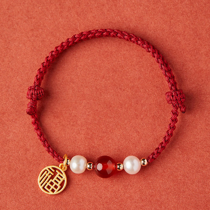 Pulsera trenzada de hilo rojo con perlas de ágata y personaje de buena fortuna, Plata de Ley 925 con Buddha Stones