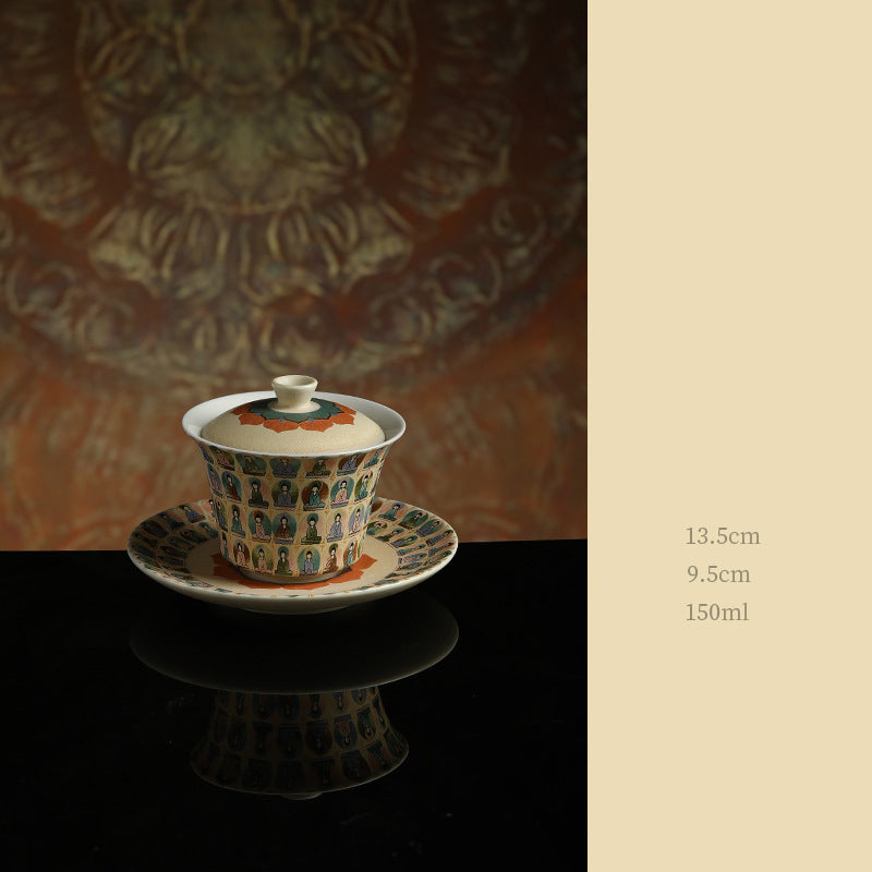 Buddha Stones Dunhuang Color mil Budas volando Apsaras patrón Gaiwan taza de té Kung Fu con tapa