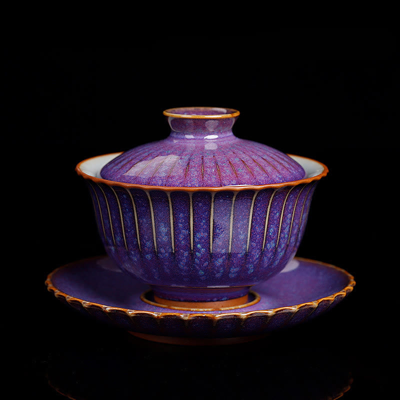 Taza de té y platillo con tapa, cerámica Gaiwan Sancai, cambio de horno de esmalte Retro, Buddha Stones , Kung Fu - Estilo morado (el color y el esmalte pueden variar). - 11,5 cm x 8,5 cm x 140 ml - image 0
