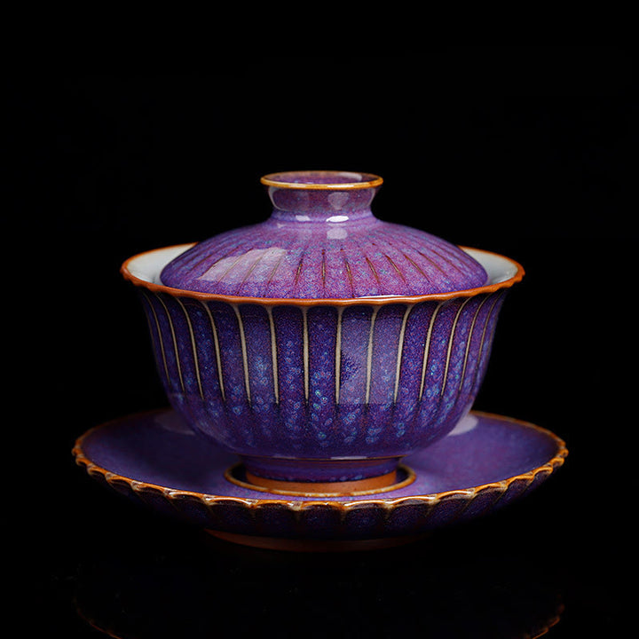 Taza de té y platillo con tapa, cerámica Gaiwan Sancai, cambio de horno de esmalte Retro, Buddha Stones , Kung Fu - Estilo morado (el color y el esmalte pueden variar). - 11,5 cm x 8,5 cm x 140 ml - image 0
