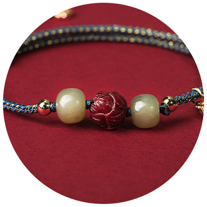 Pulsera de cuerda hecha a mano con Buddha Stones chapadas en oro de 14 quilates, jade hetiano, cinabrio, suerte de loto - image 9