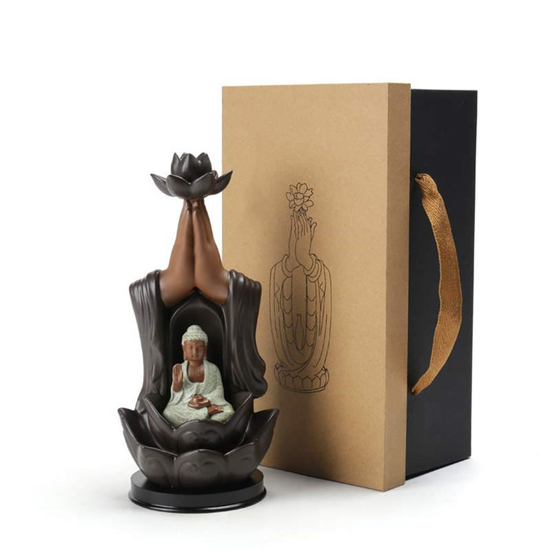 Quemador de incienso de reflujo de bendición de loto de cerámica de Buda Avalokitesvara Chenrezig Ksitigarbha