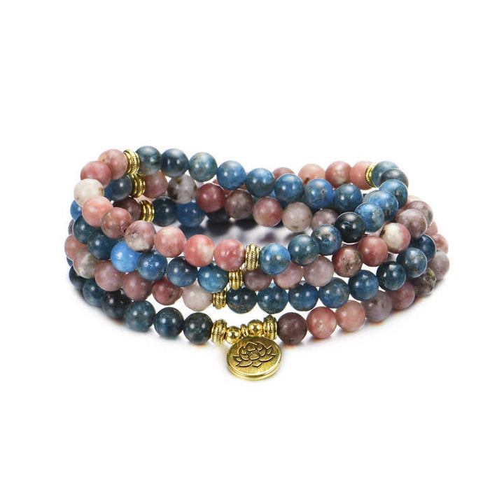 Buddha Stones Lazurita Jaspe Picasso Amazonita Rodonita Apatita Pulsera de cuentas de oración de loto positivo