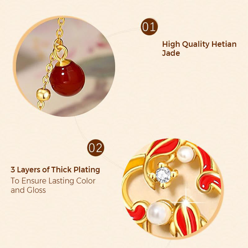 Juego de pendientes y collar con colgante de trébol de cuatro hojas, Plata de Ley 925, Buddha Stones , ágata roja, perla, riqueza