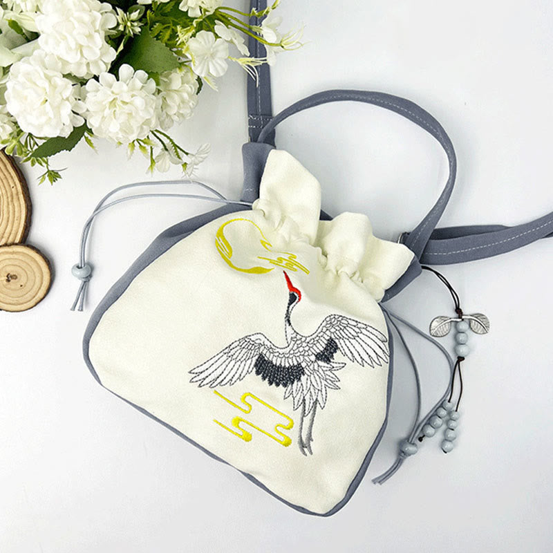 Bolso bandolera con Buddha Stones, bordado, mariposa, loto, magnolia, algodón y lino