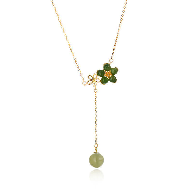 Colgante de collar de la suerte con diseño de flor de ciruelo de jade cian hetiano de plata de ley 925 con Buddha Stones