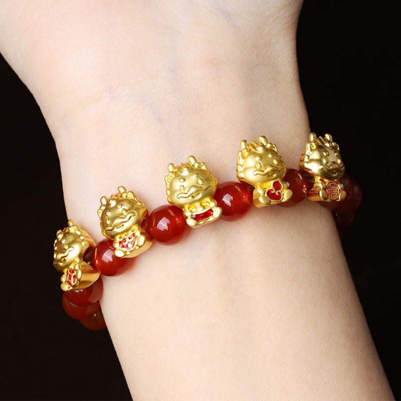 Buddha Stones Año del Dragón Ágata Roja Natural Moneda de Cobre Pulsera de Protección de Personajes Fu