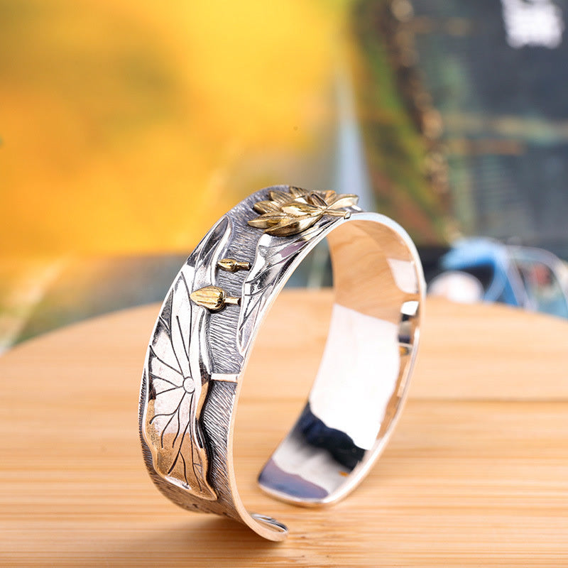 Pulsera ajustable con diseño de flor de loto de plata de ley 925 con Buddha Stones