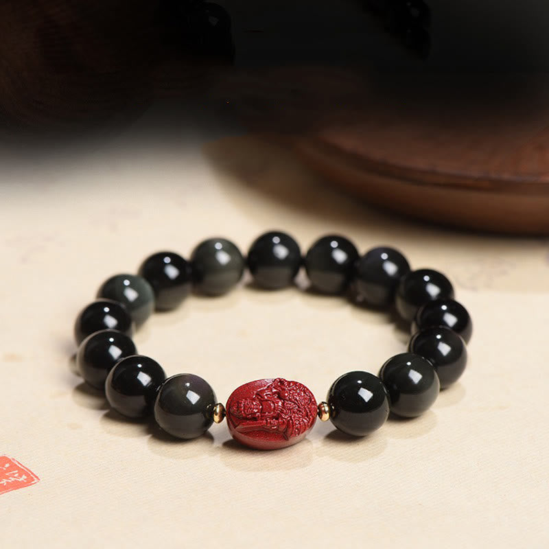 Pulsera de purificación de cinabrio de obsidiana negra Natural de Buda natal del zodiaco chino con Buddha Stones