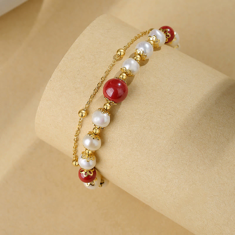 Pulsera de cadena de doble capa con cuentas de sabiduría de cinabrio y perlas de plata de ley 925 con Buddha Stones - image 1