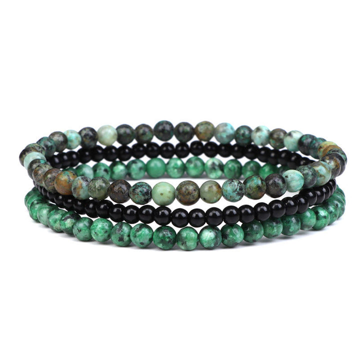 Buddha Stones 3 piezas de piedra de cristal natural paz interior pulsera espiritual - Cuentas de turquesa africana, vidrio negro y granito de 4 mm (circunferencia de muñeca: 15-16 cm) - image 22