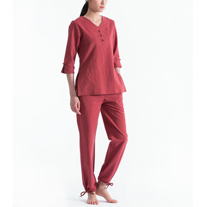 Conjunto de ropa de lino y algodón con diseño de cuello en V para mujer, uniforme de práctica Zen, Buddha Stones, Yoga, meditación y oración