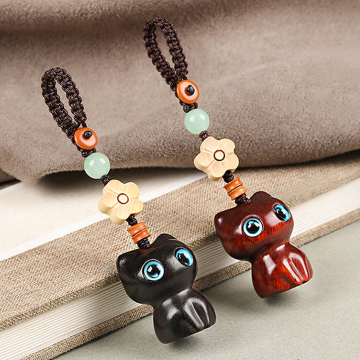 Buddha Stones, Mini hoja pequeña, sándalo rojo, madera de ébano, gato de la suerte, gatito encantador, llavero de la paz, decoración colgante para teléfono