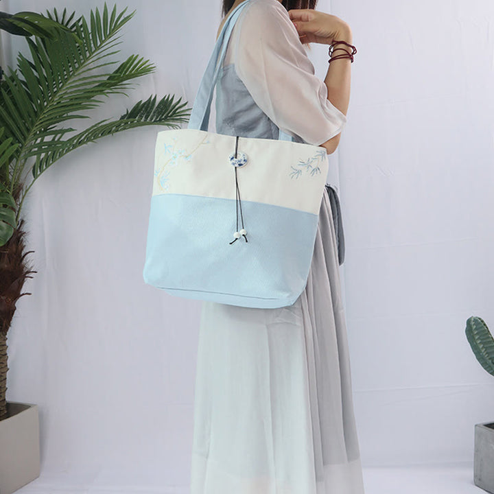 Bolso de hombro de gran capacidad con bordado de bambú, flor de pera, ciruelo, flor de melocotón, bolso de mano