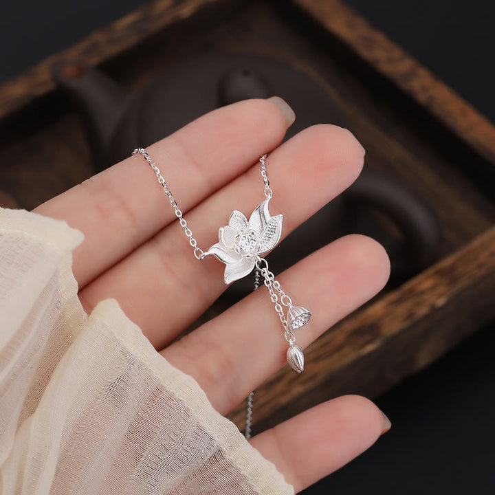 Colgante de collar de iluminación tallada con vaina de flor de loto de plata de ley 999 con Buddha Stones - image 5