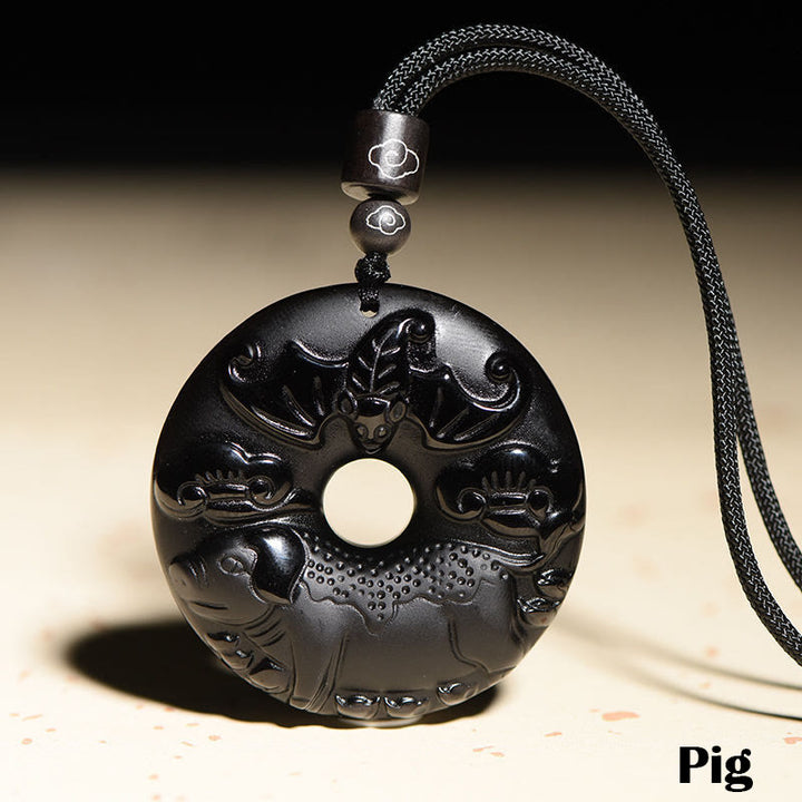 Collar con colgante de fuerza con hebilla de paz, obsidiana negra Natural del zodíaco chino , Buddha Stones - Cerdo - image 23