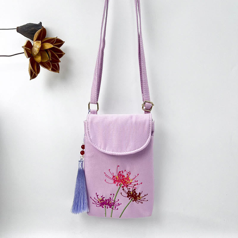 Bolso bandolera con flores bordadas pequeñas y Buddha Stones, bolso de hombro, bolso para móvil de doble capa