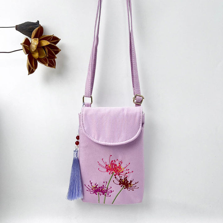 Bolso bandolera con flores bordadas pequeñas y Buddha Stones, bolso de hombro, bolso para móvil de doble capa