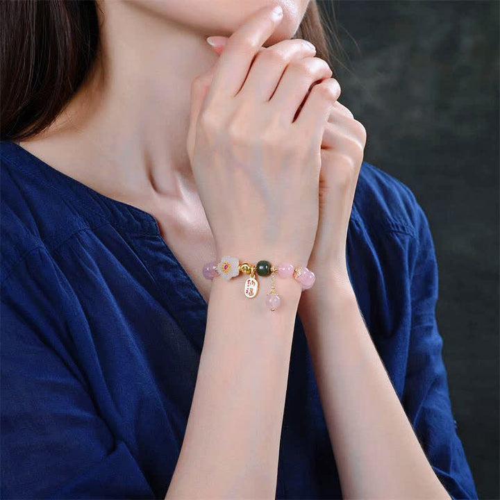 Pulsera de amor cálida con flor de jade de cristal rosa natural con Buddha Stones