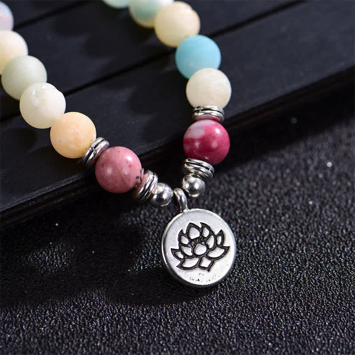 Buddha Stones Lazurita Jaspe Picasso Amazonita Rodonita Apatita Pulsera de cuentas de oración de loto positivo