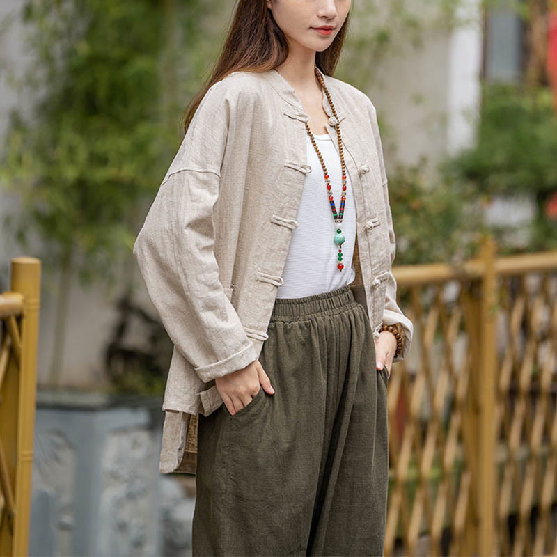 Camisa con diseño de botones de rana y Buddha Stones , ropa superior para meditación de Tai Chi, chaqueta de lino de ramio