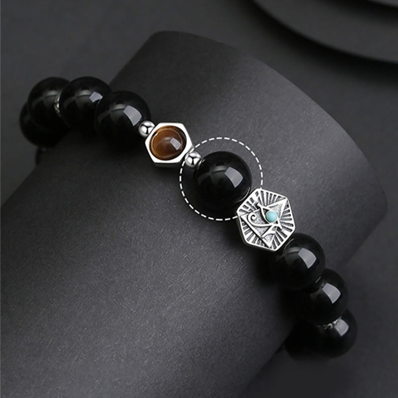 Pulsera de purificación de ojo de tigre de obsidiana negra de plata de ley 925 con Buddha Stones