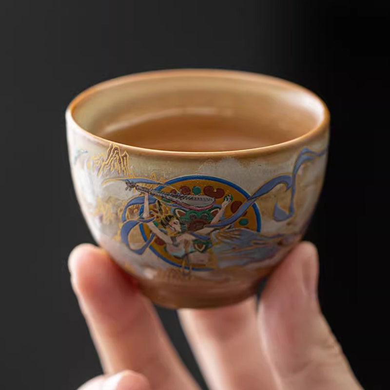 Taza de té de cerámica Gaiwan Sancai de Dunhuang Flying Apsaras con Buddha Stones, taza de té de Kung Fu con tapa