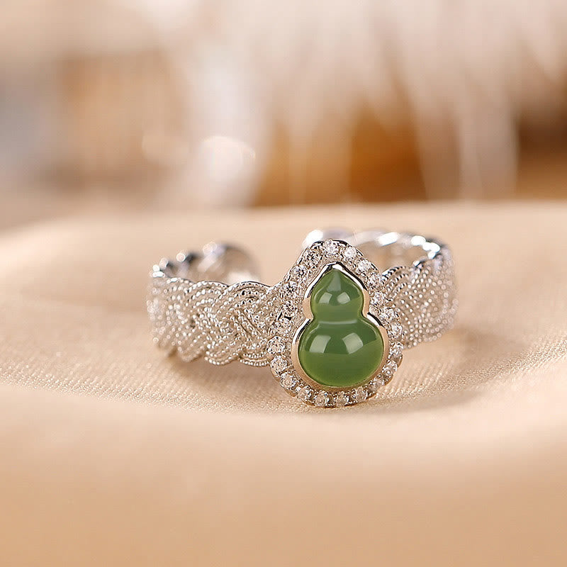 Juego de anillos y pulsera de la suerte con forma de calabaza de jade cian hetiano natural chapado en plata de ley 925 con Buddha Stones