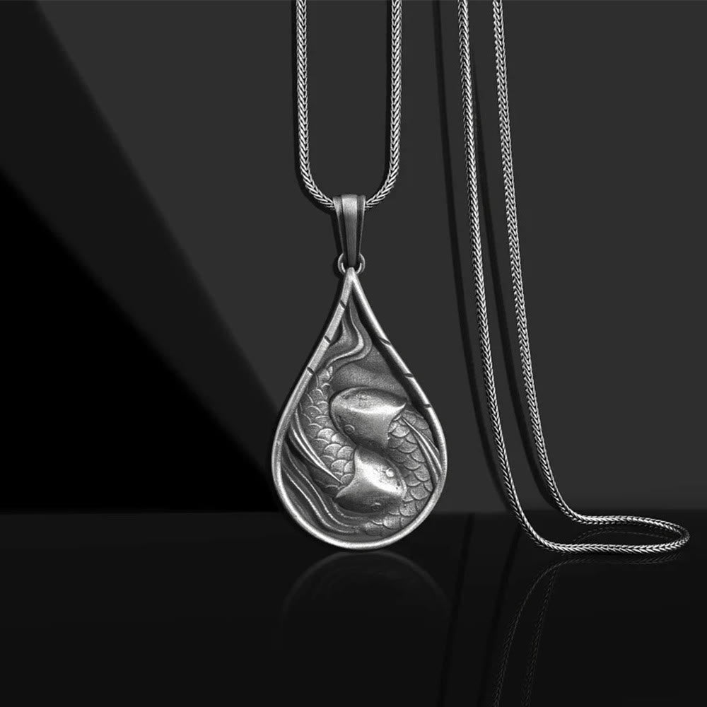 Colgante de collar con diseño de gota de agua de estaño puro, pez Koi de la suerte doble, Buddha Stones - Colgante de pez koi y cadena de quilla - image 1