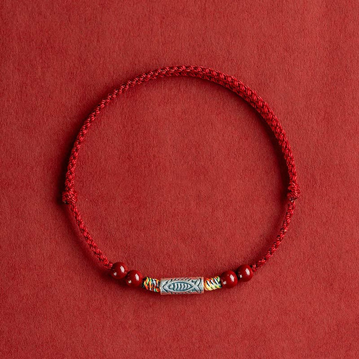 Pulsera tobillera trenzada hecha a mano con cuentas de cinabrio y pez Koi de plata de ley 925 con Buddha Stones - Tobillera (circunferencia 17-30cm) - Cuerda roja oscura - image 12
